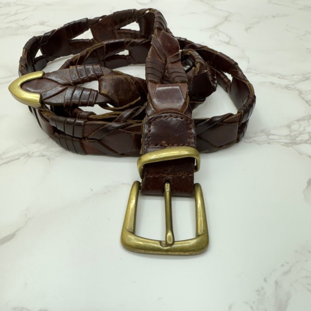 Fossil Braided Leather Belt Brass Buckle Mens Womens Brown 46"‎ Long Quality